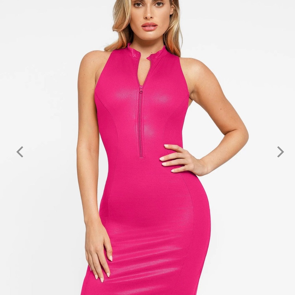 Vibrant Pink Zip-Front Shapewear Midi Dress